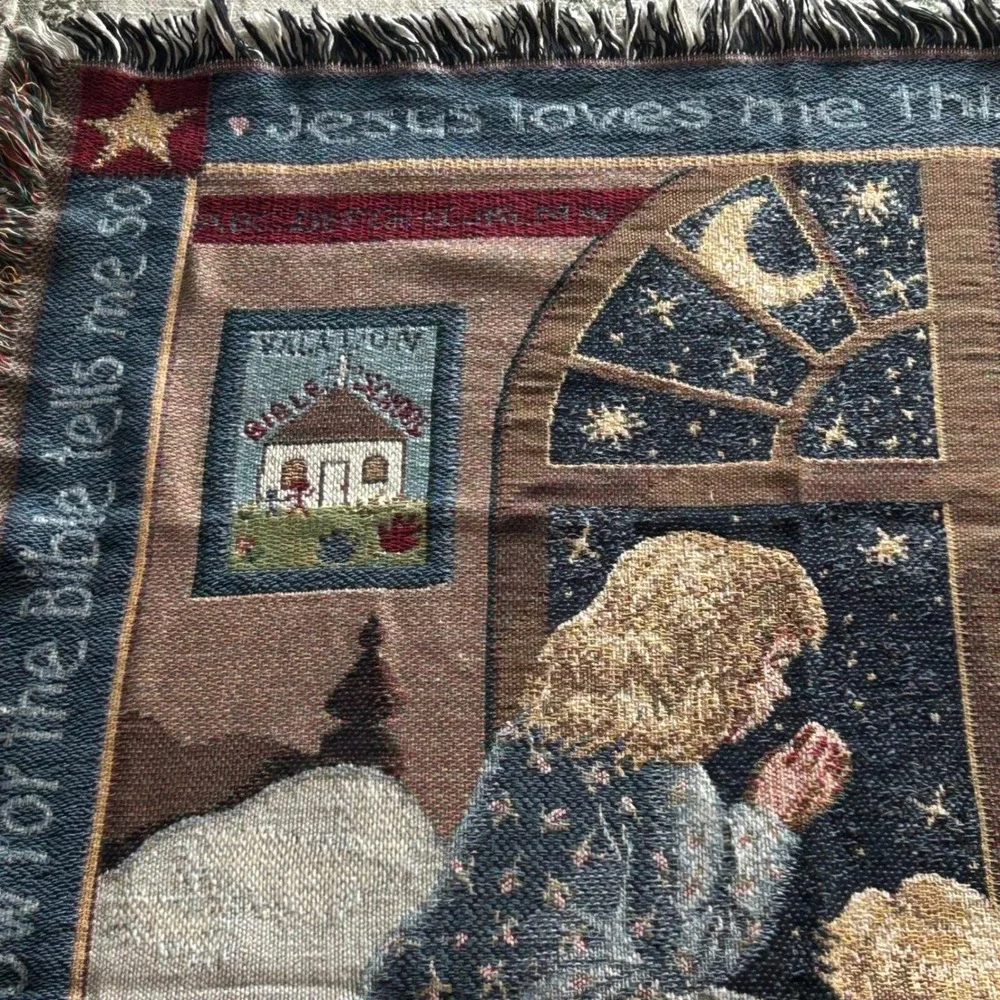 Woven Tapestry Throw Kids Blue Jesus‎ Loves Me Prayer Vintage Cottagecore